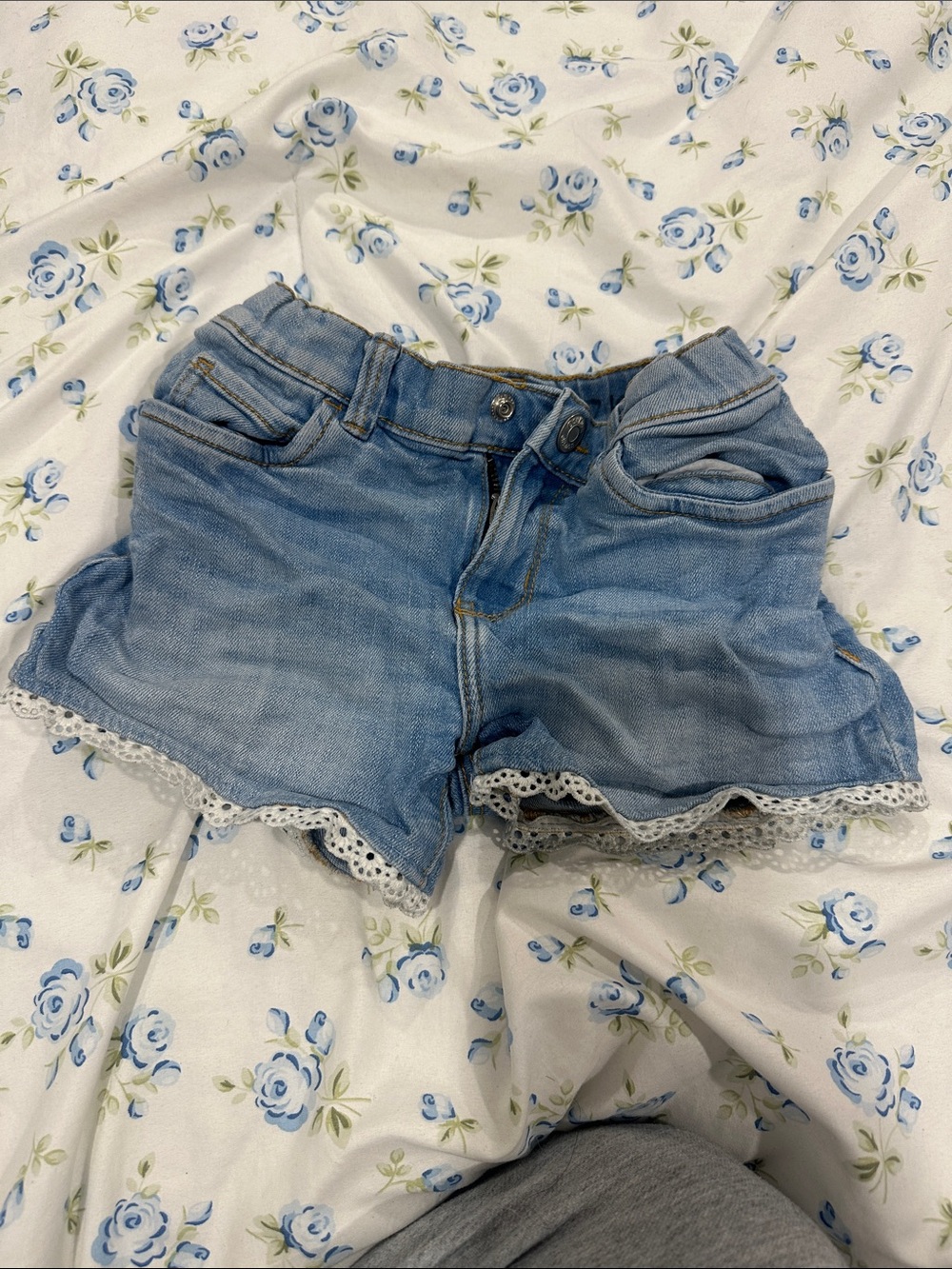 Girls Light Blue Denim Shorts with Lace Trim